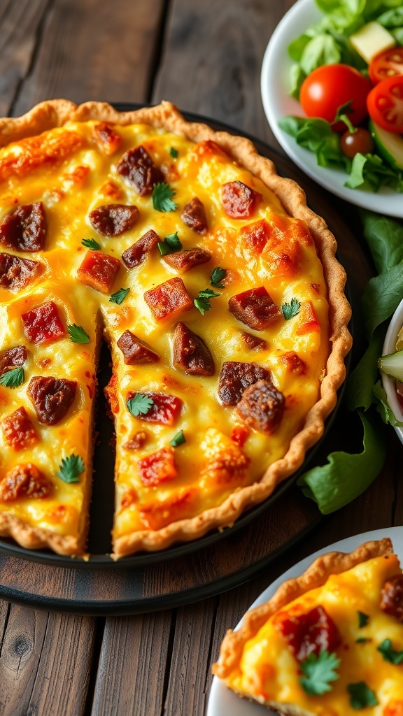A slice of chorizo quiche with a flaky crust, filled with chorizo, cheese, and herbs, served on a wooden table.